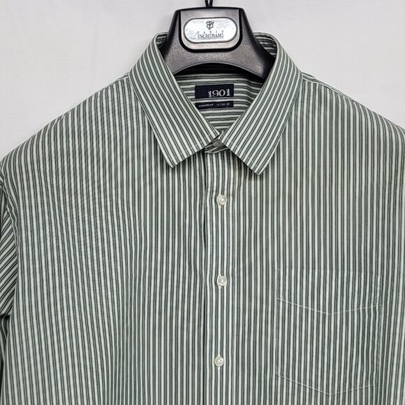 1901 Mens Dress Shirt 17 34-35 Athletic Fit Long Sleeve Cotton Striped Green - Picture 2 of 15